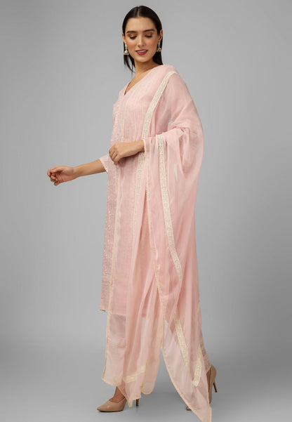 PASTEL PINK CHANDERI CHIKANKARI SUIT SET