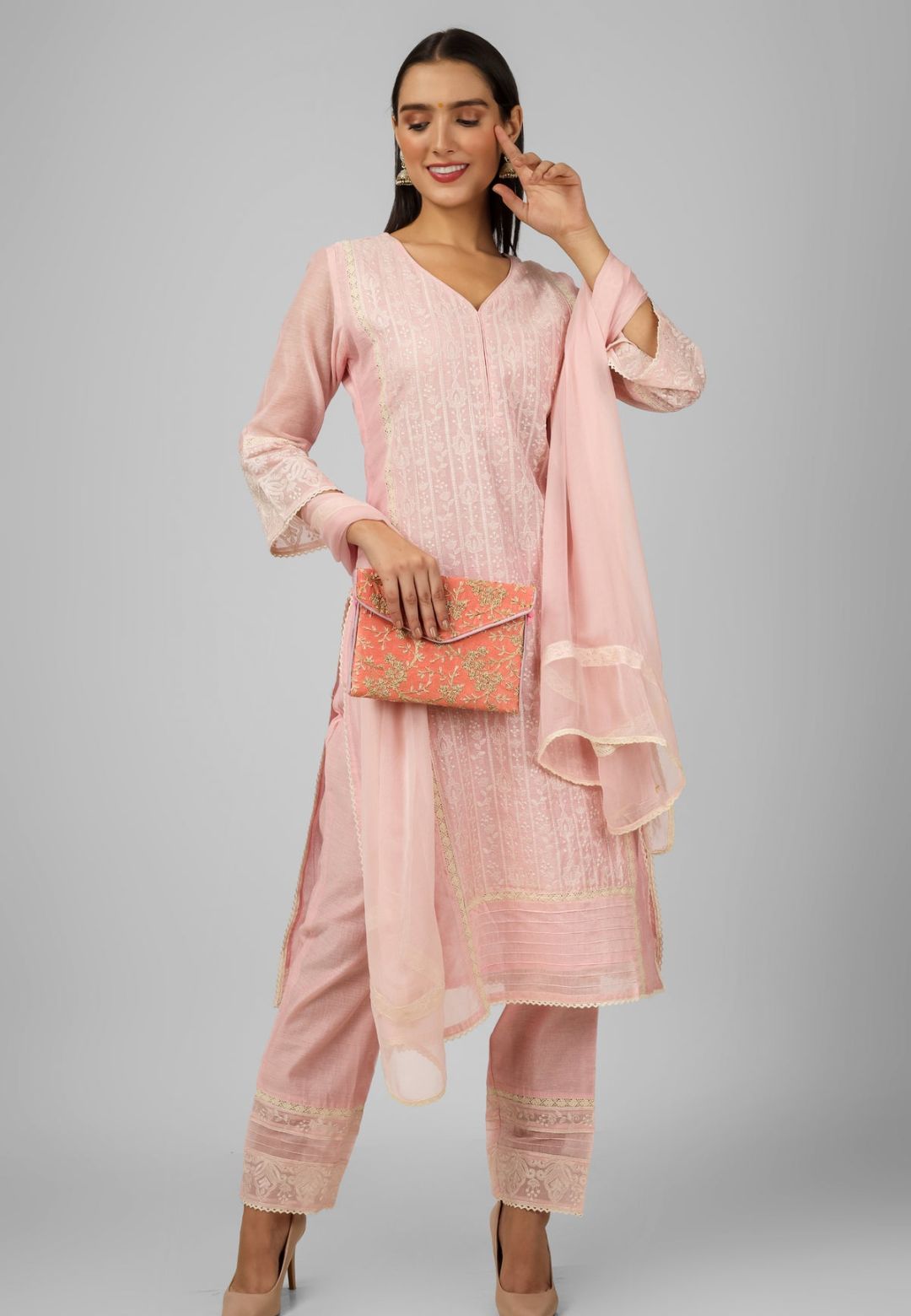 PASTEL PINK CHANDERI CHIKANKARI SUIT SET