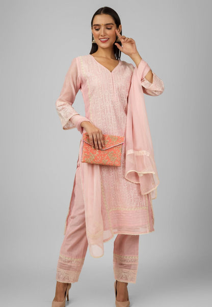 PASTEL PINK CHANDERI CHIKANKARI SUIT SET