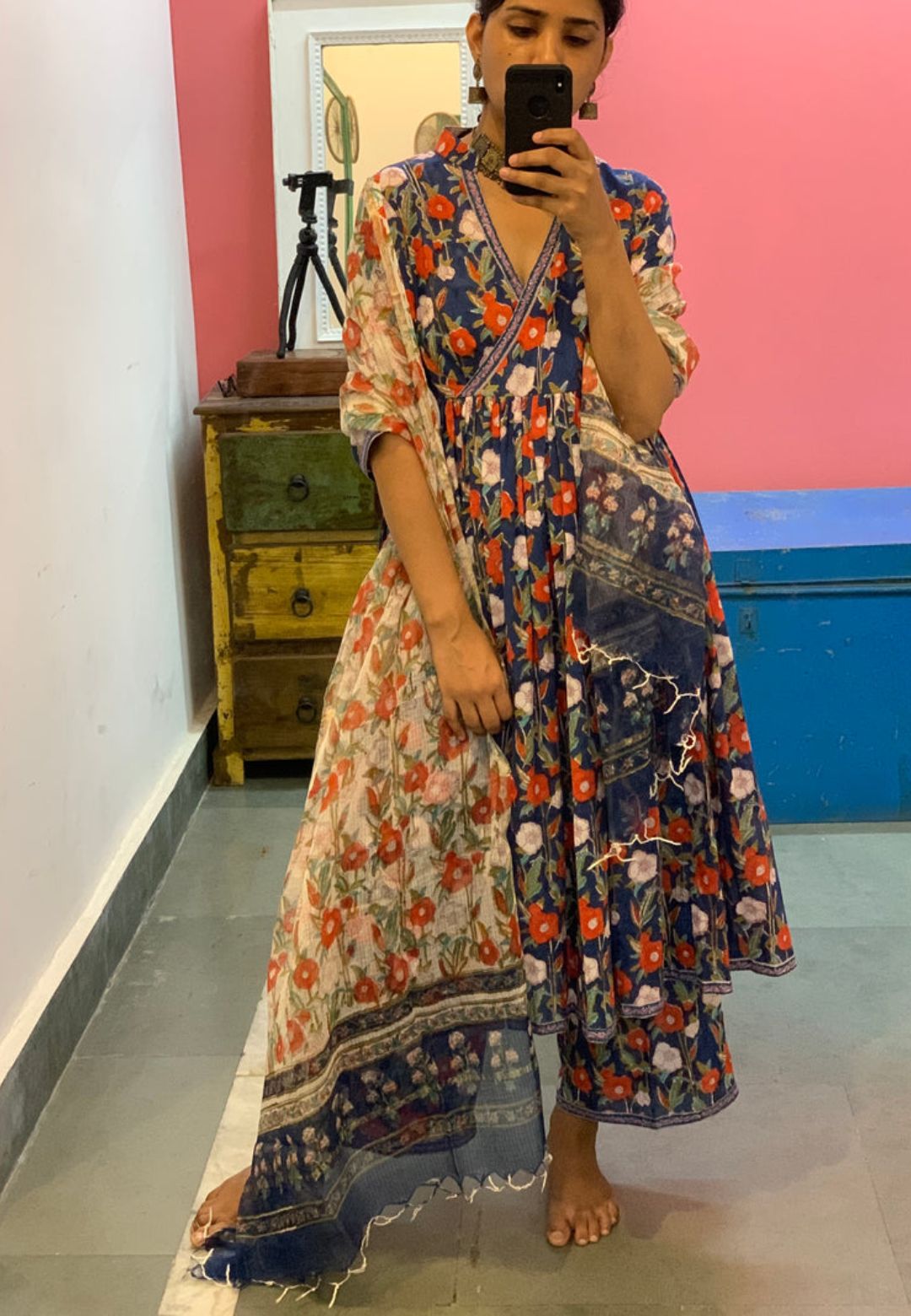 BLUE FLORAL ANARKALI FULL SLEEVES SUIT SET