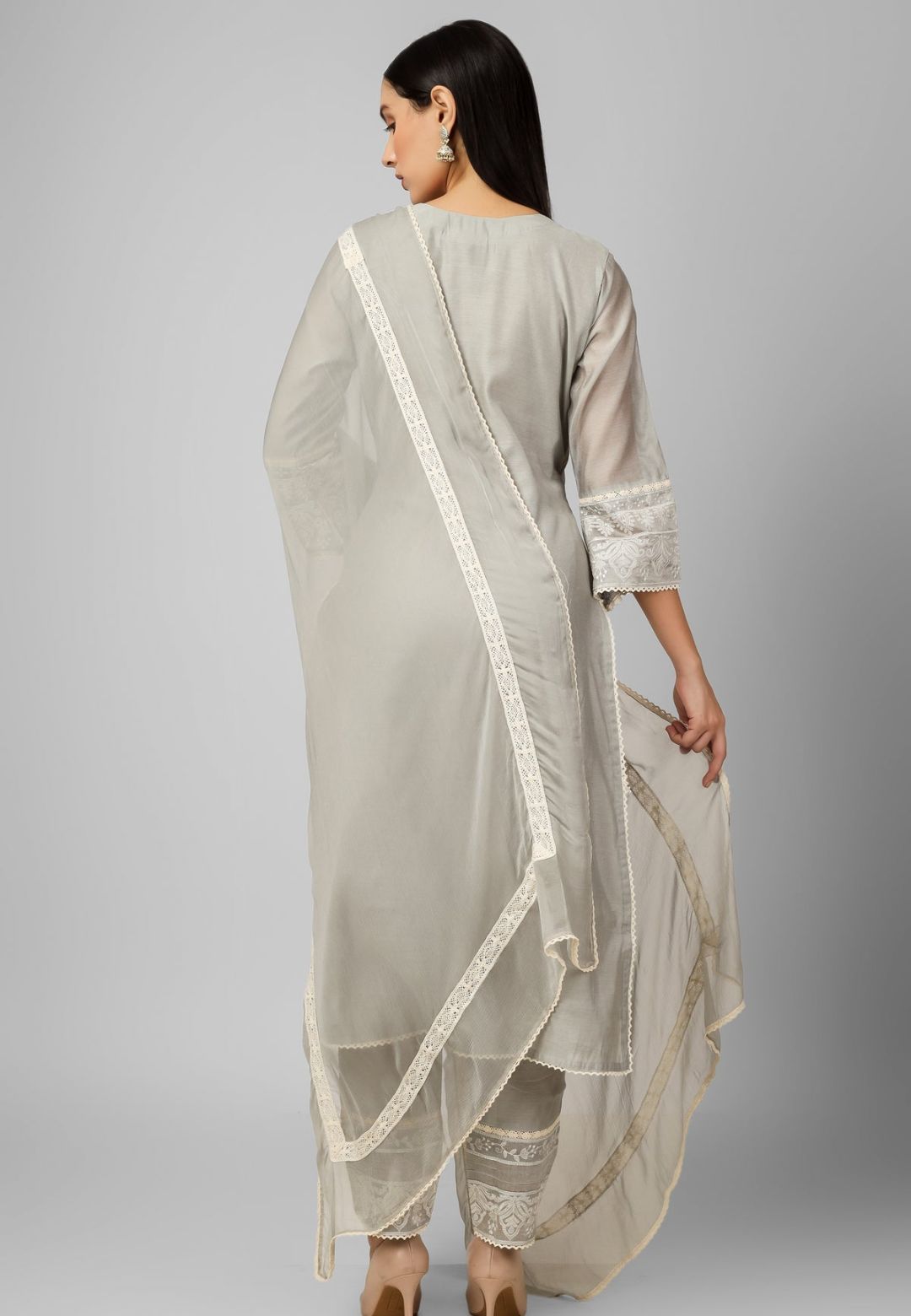 SILVER GREY CHANDERI CHIKANKARI SUIT SET