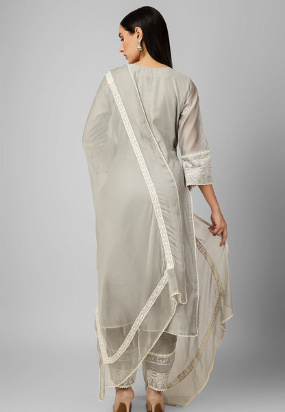 SILVER GREY CHANDERI CHIKANKARI SUIT SET