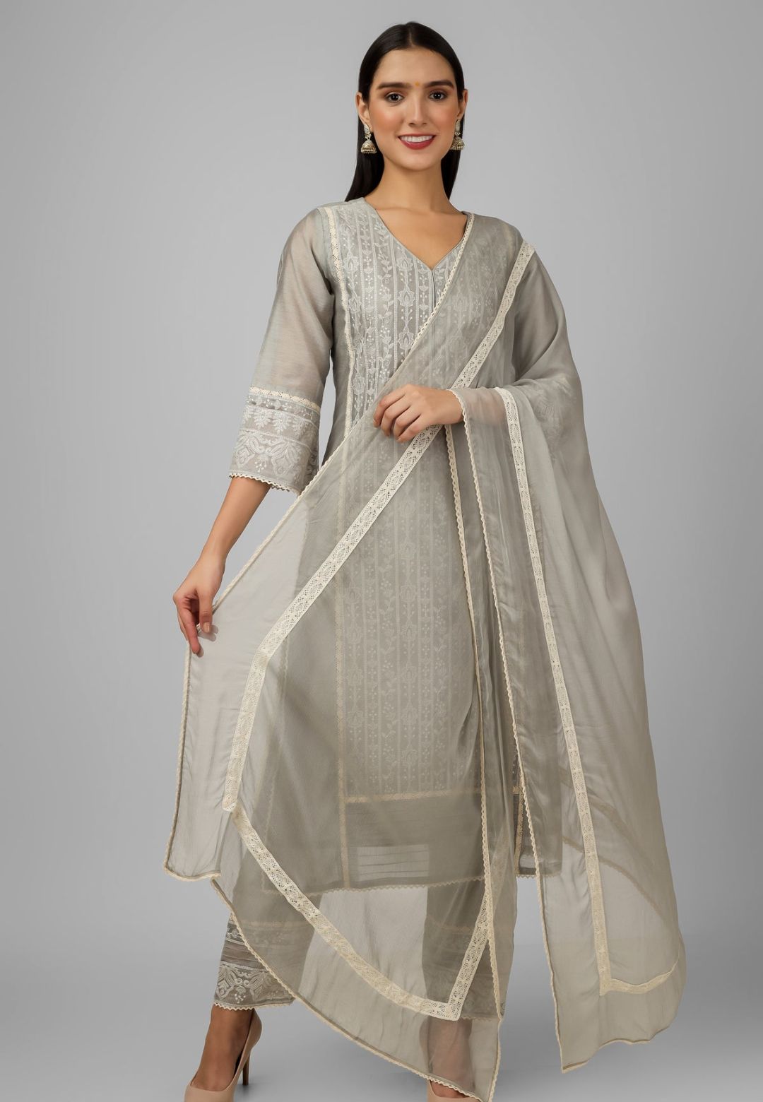 SILVER GREY CHANDERI CHIKANKARI SUIT SET