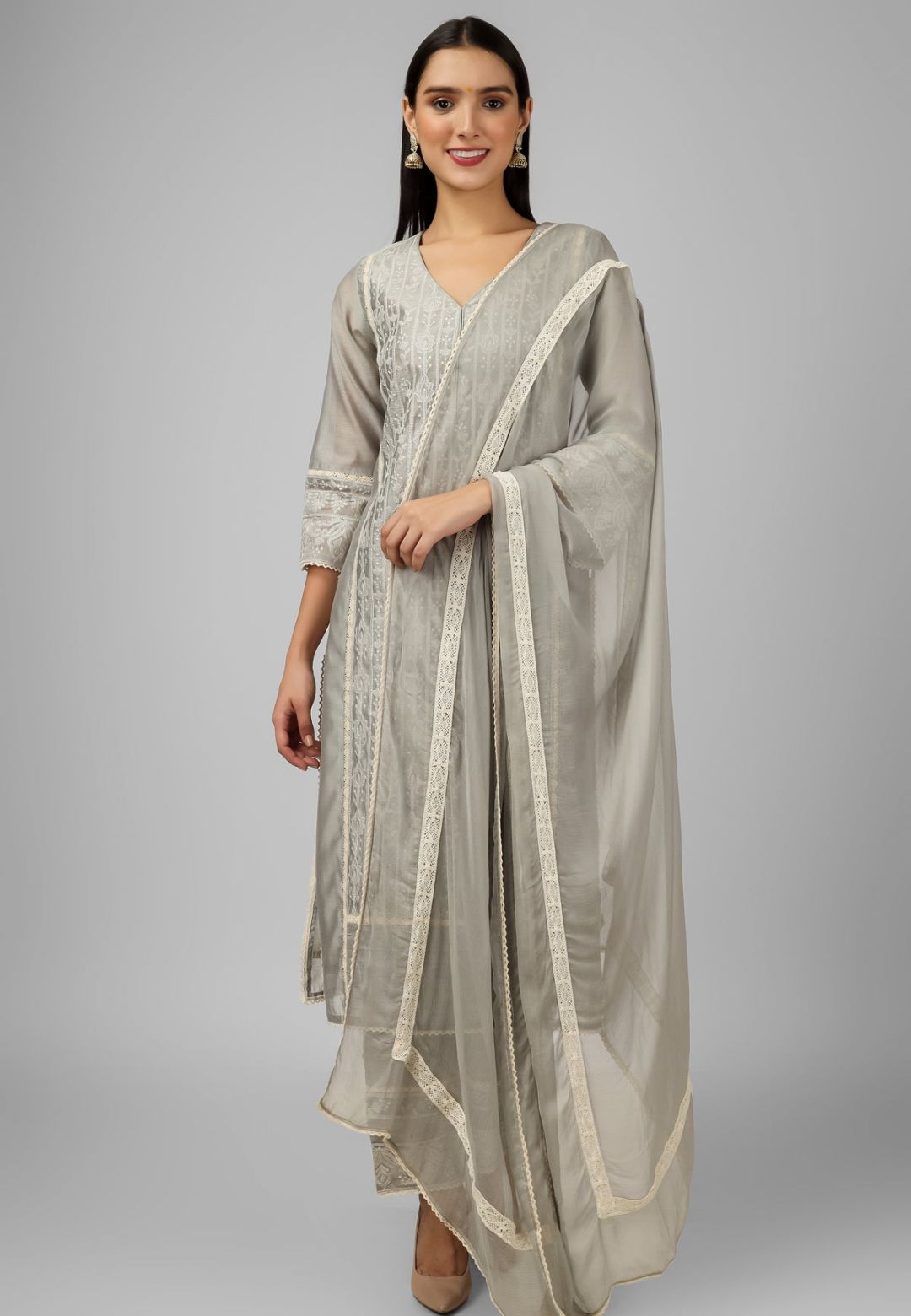SILVER GREY CHANDERI CHIKANKARI SUIT SET