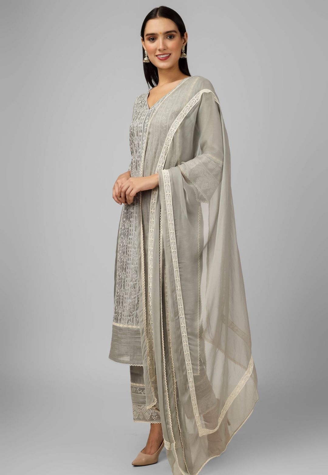 SILVER GREY CHANDERI CHIKANKARI SUIT SET