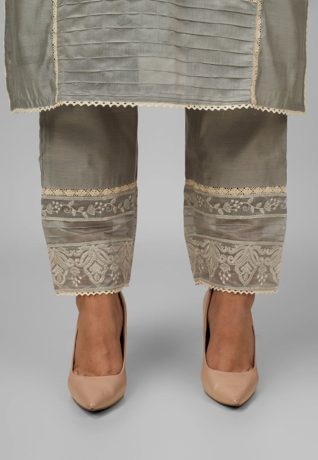 SILVER GREY CHANDERI CHIKANKARI SUIT SET