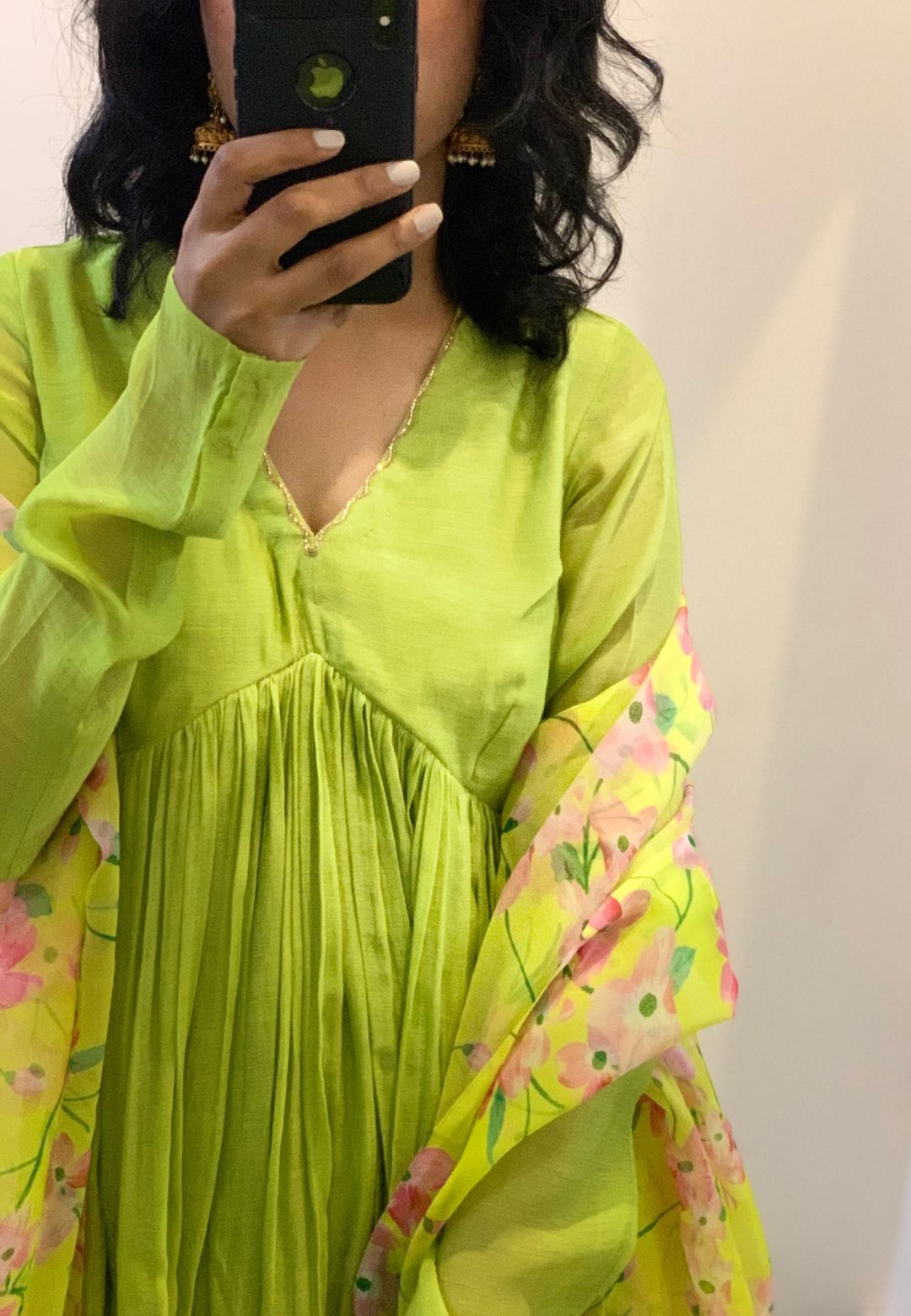 V NECK LIME GREEN CHANDERI ANARKALI SUIT SET