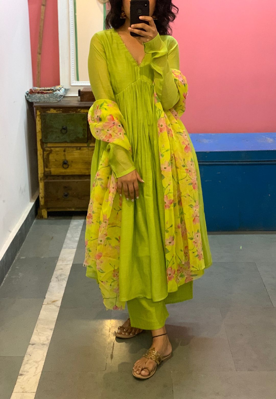 V NECK LIME GREEN CHANDERI ANARKALI SUIT SET