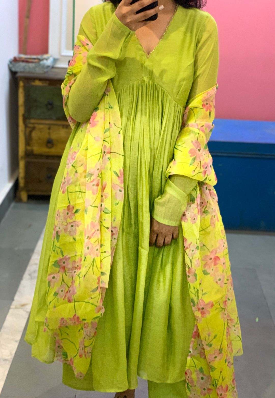 V NECK LIME GREEN CHANDERI ANARKALI SUIT SET