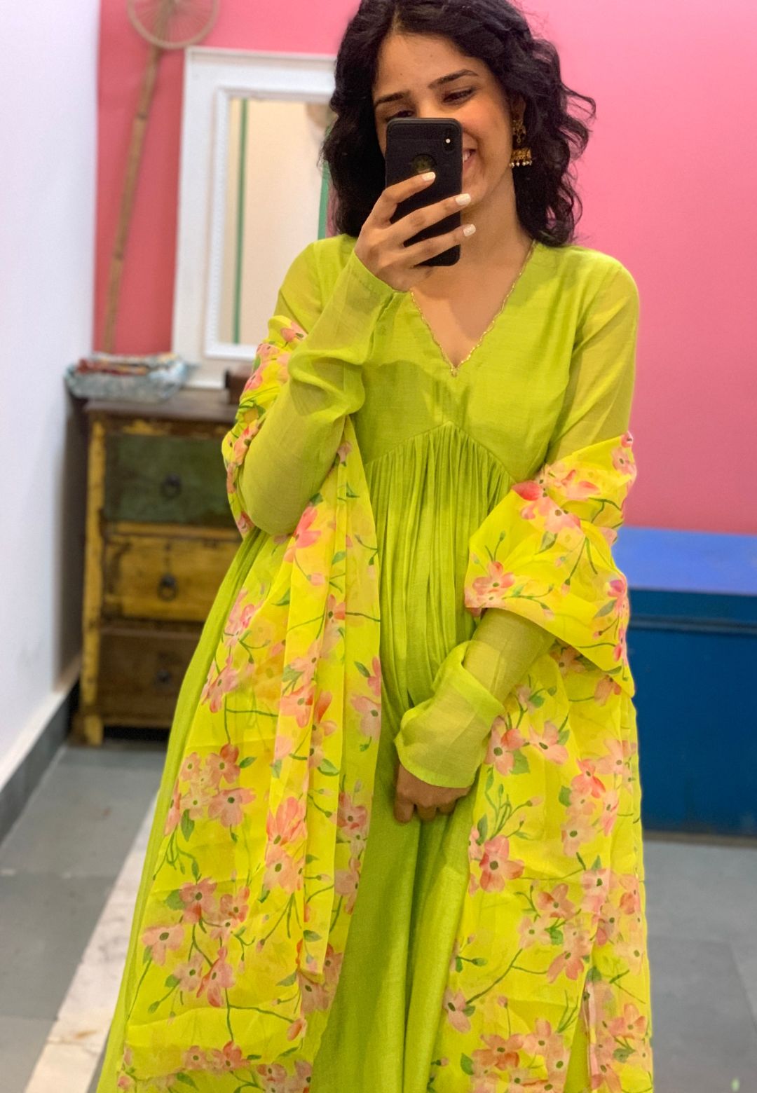 V NECK LIME GREEN CHANDERI ANARKALI SUIT SET