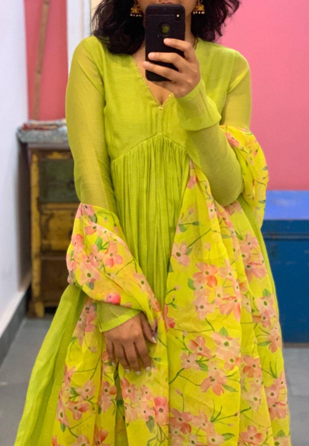 V NECK LIME GREEN CHANDERI ANARKALI SUIT SET