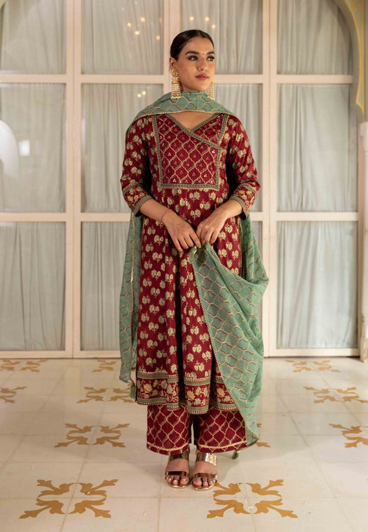 MAROON GREEN HANDBLOCK SUIT SET