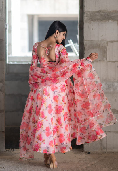 PINK FLORAL CHANDERI ANARKALI SUIT SET
