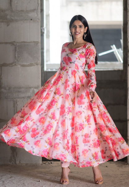 PINK FLORAL CHANDERI ANARKALI SUIT SET
