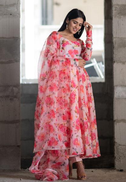 PINK FLORAL CHANDERI ANARKALI SUIT SET