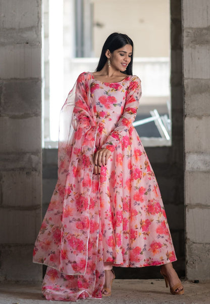 PINK FLORAL CHANDERI ANARKALI SUIT SET