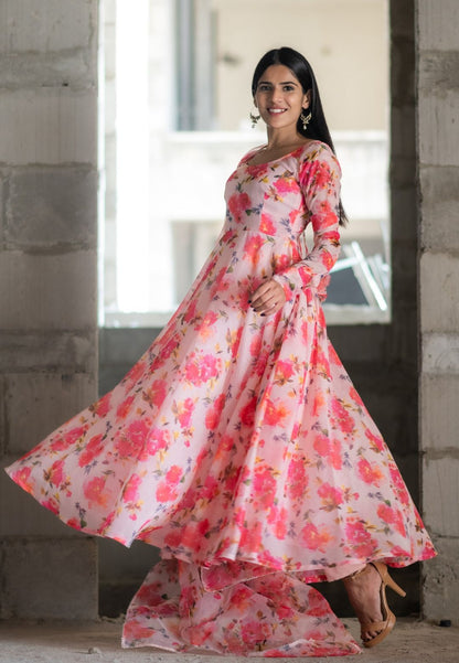 PINK FLORAL CHANDERI ANARKALI SUIT SET