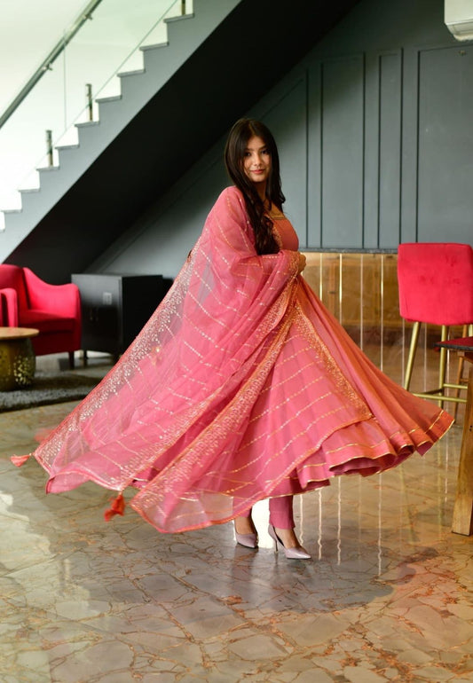 PEACHY PINK ORGANZA ANARKALI SUIT SET