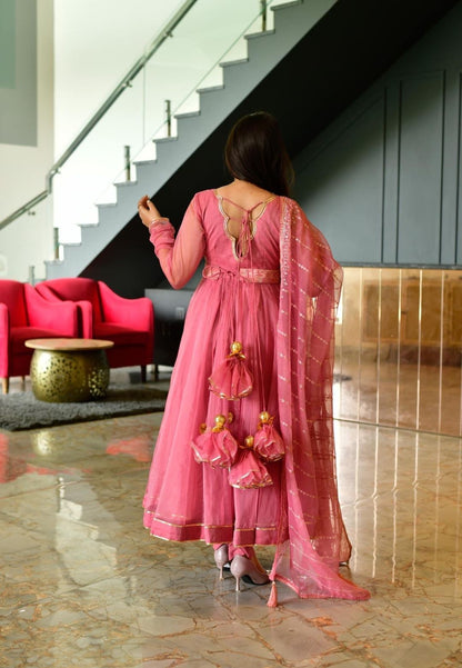 PEACHY PINK ORGANZA ANARKALI SUIT SET