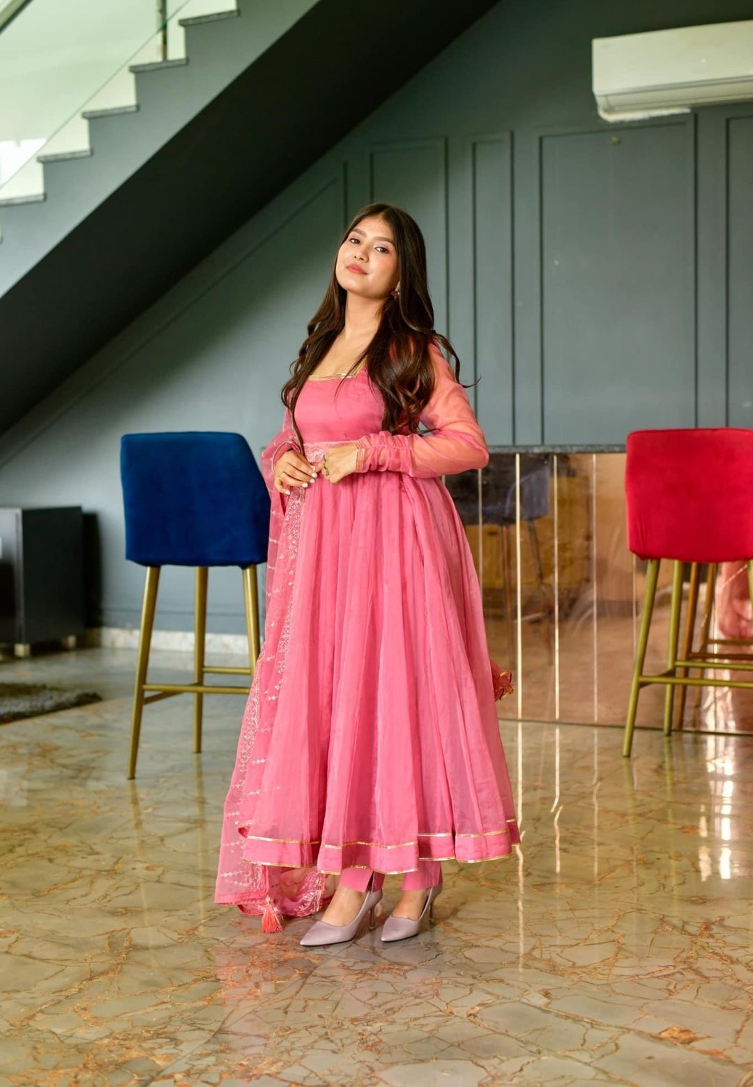 PEACHY PINK ORGANZA ANARKALI SUIT SET