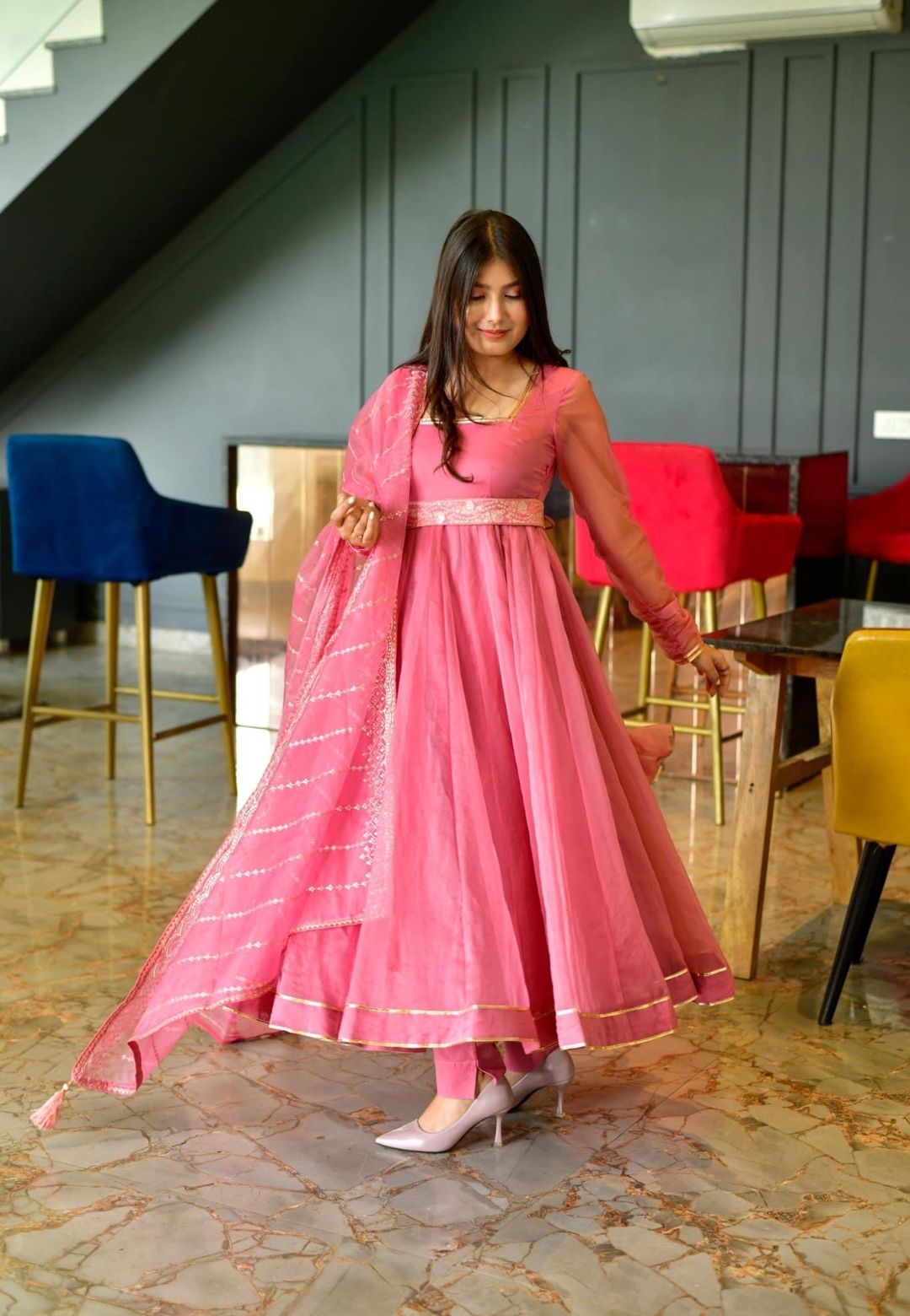 PEACHY PINK ORGANZA ANARKALI SUIT SET