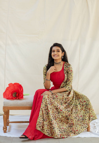 RED GEORGETTE  KALAMKARI JACKET SET