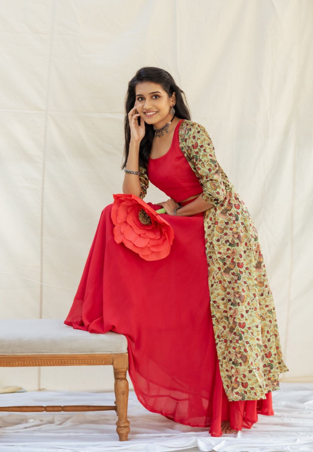 RED GEORGETTE  KALAMKARI JACKET SET