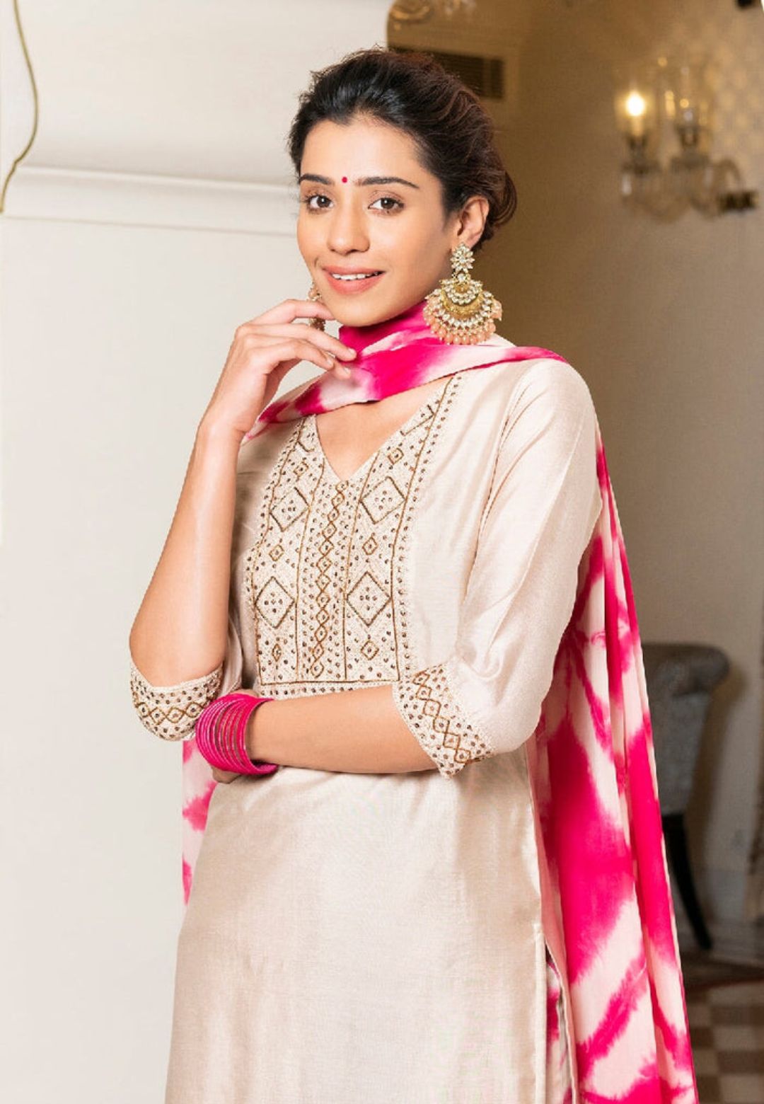 LIGHT PINK JUHI SHIBORI CHANDERI SUIT SET