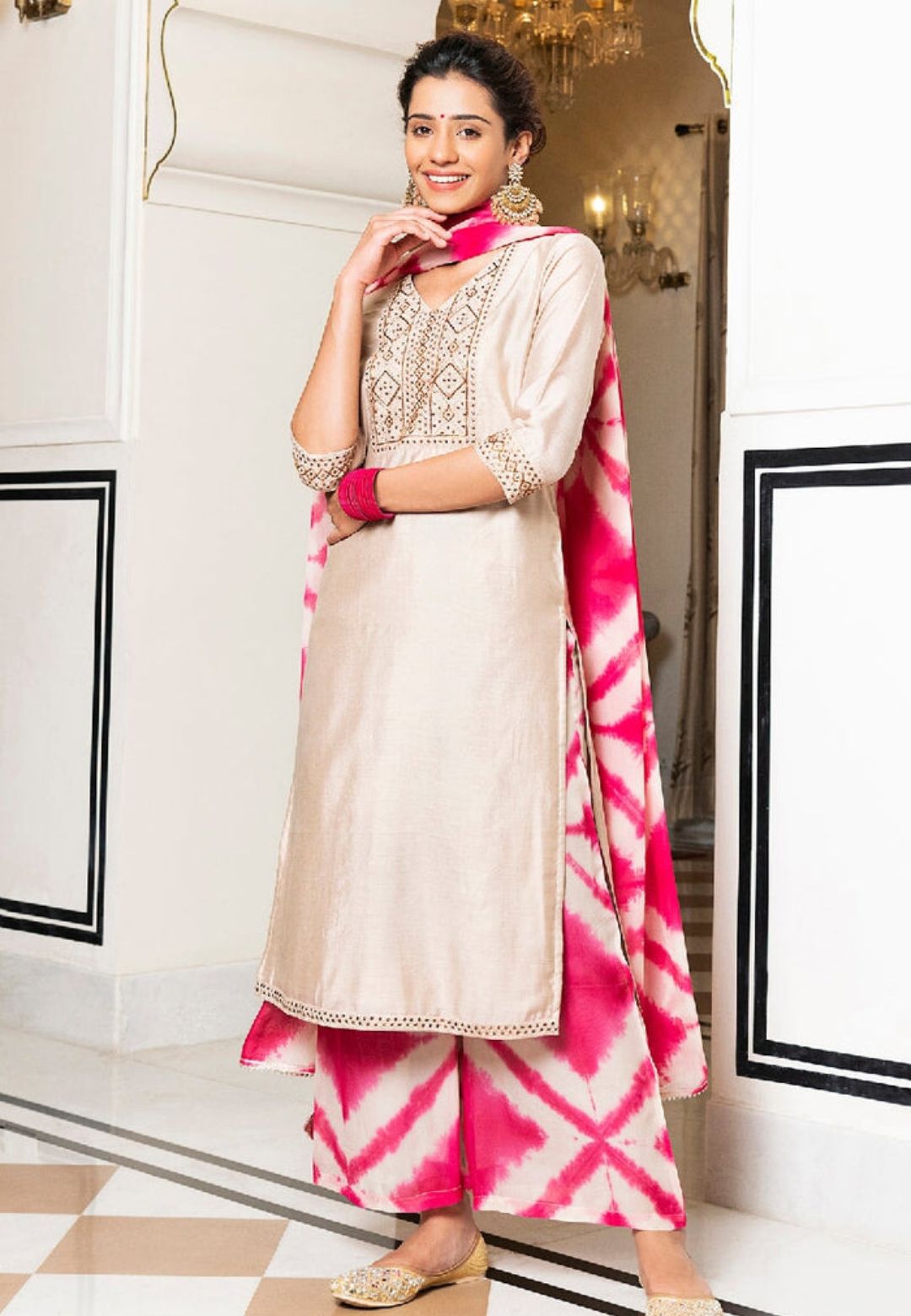 LIGHT PINK JUHI SHIBORI CHANDERI SUIT SET
