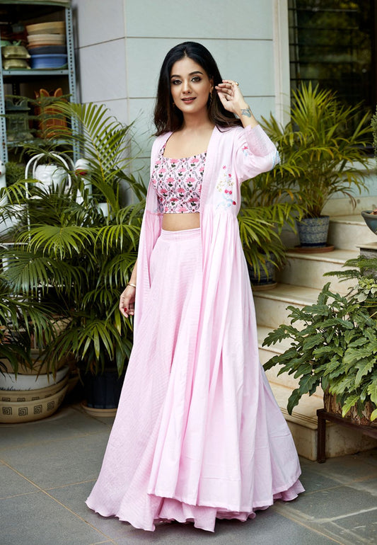 PINK SHRUG COTTON LEHENGA SET