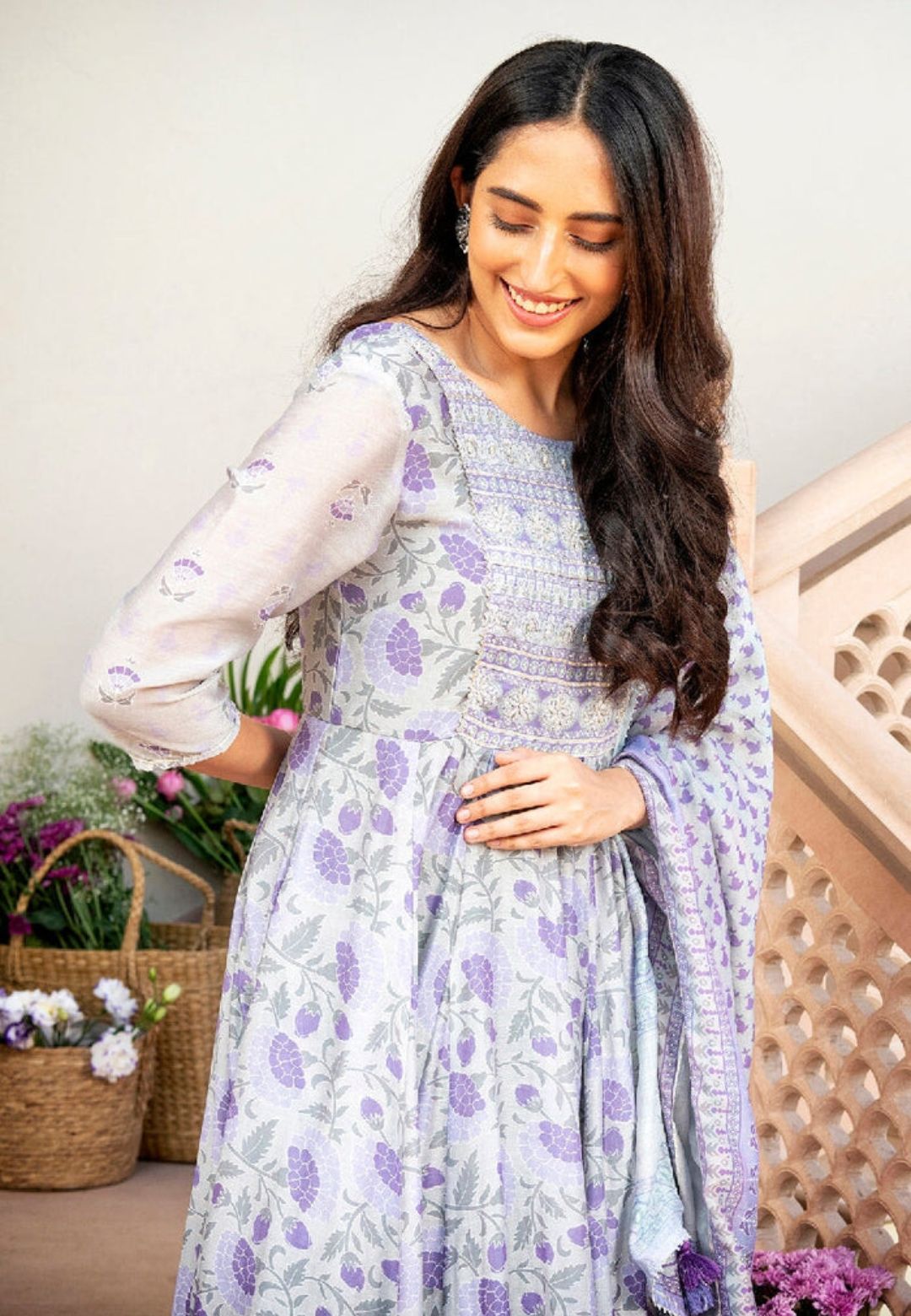 MATHILI PURPLE CHANDERI ANARKALI SUIT SET