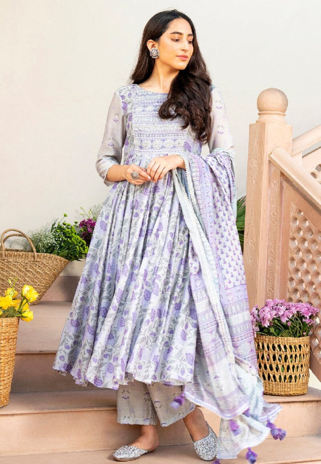 MATHILI PURPLE CHANDERI ANARKALI SUIT SET