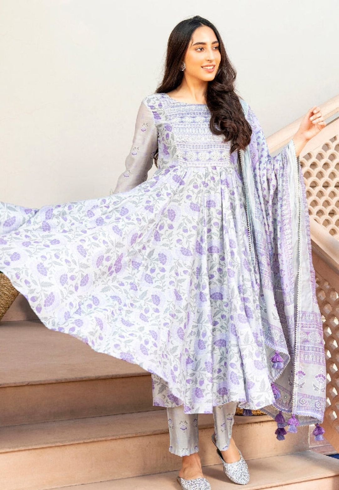 MATHILI PURPLE CHANDERI ANARKALI SUIT SET