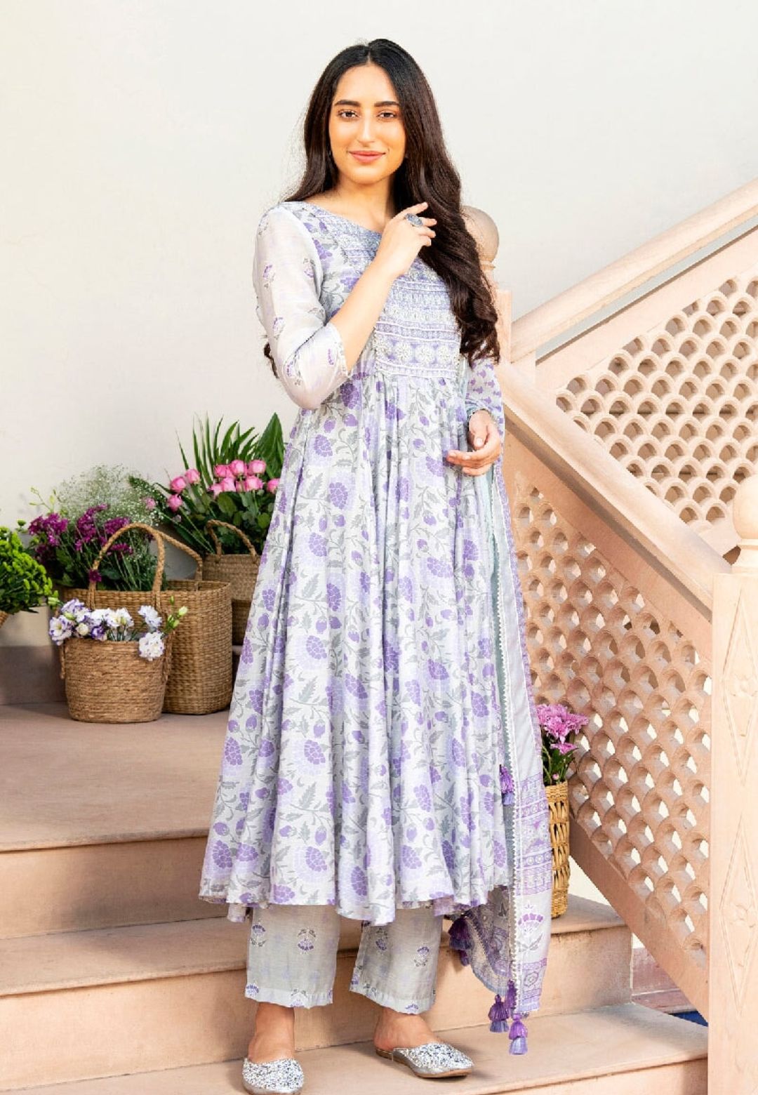 MATHILI PURPLE CHANDERI ANARKALI SUIT SET