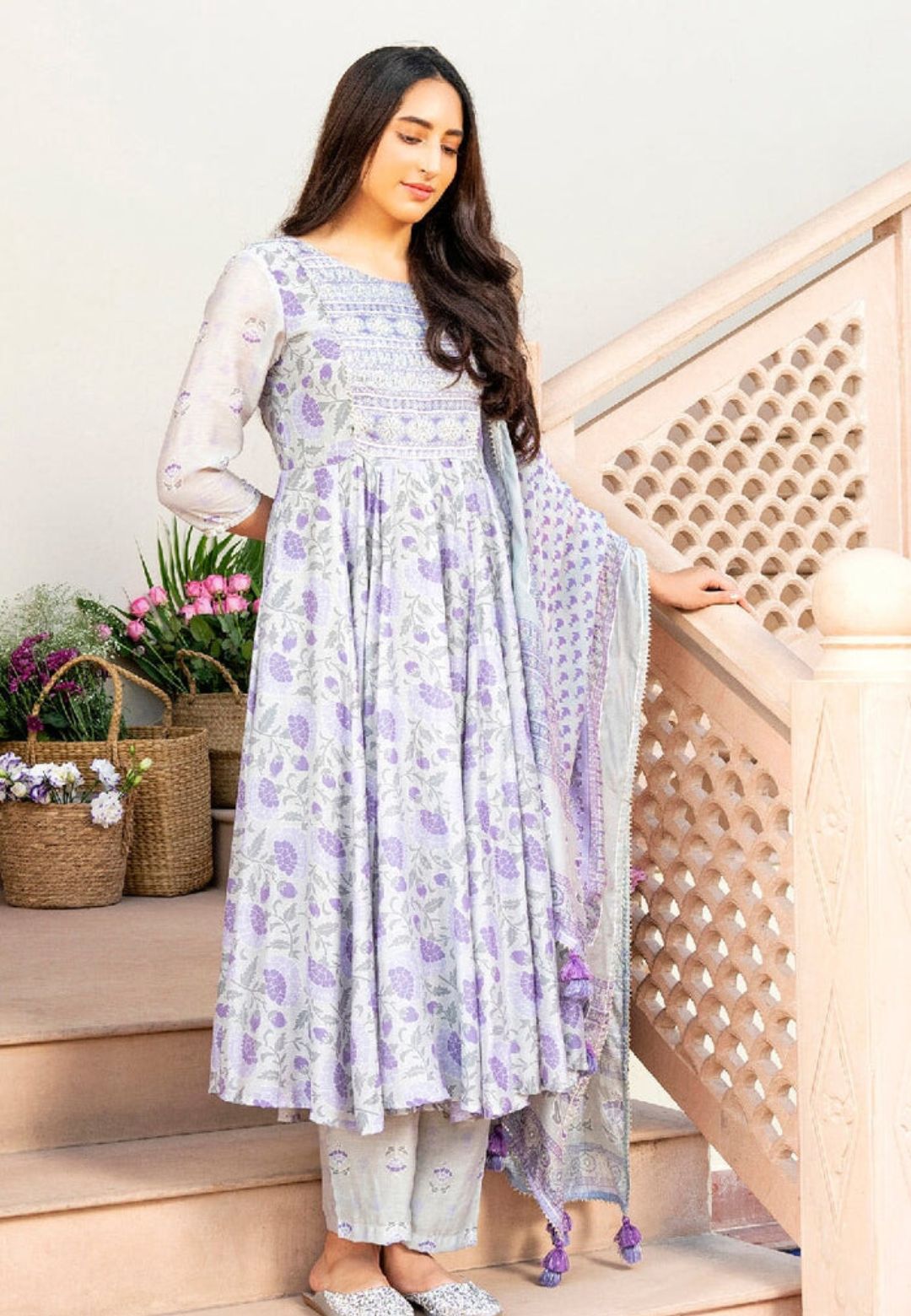 MATHILI PURPLE CHANDERI ANARKALI SUIT SET