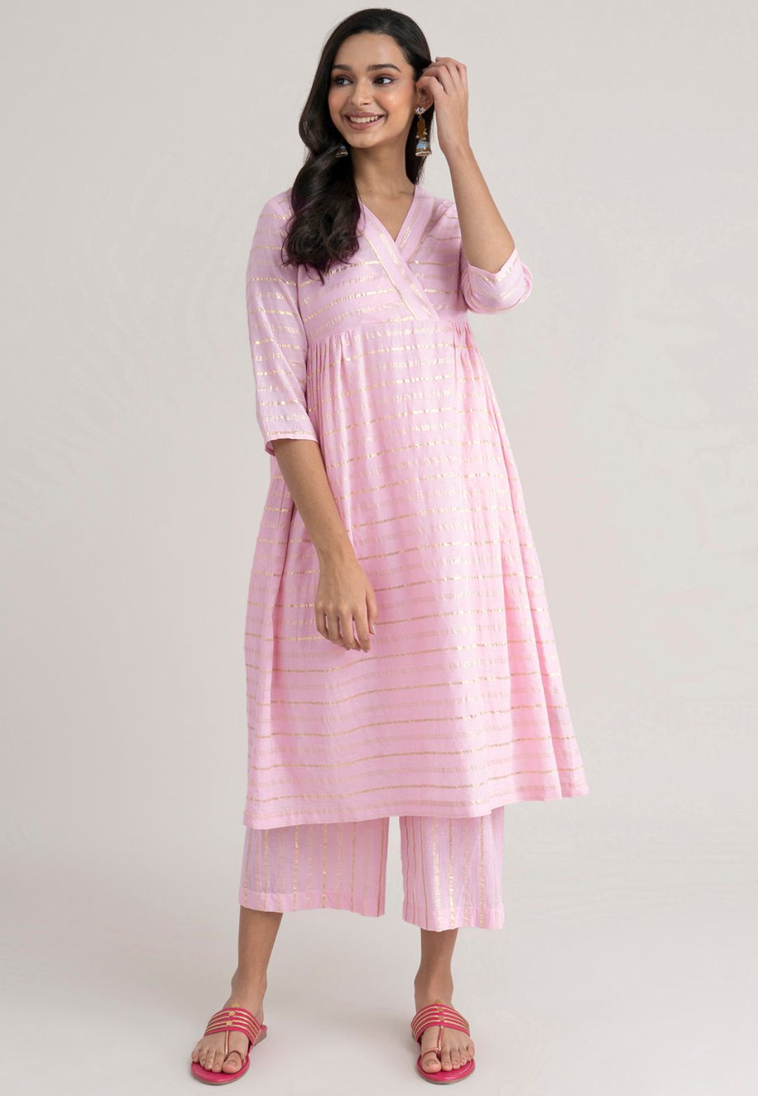 POWDER PINK GOLD STRIPE COTTON LUREX KURTA SET