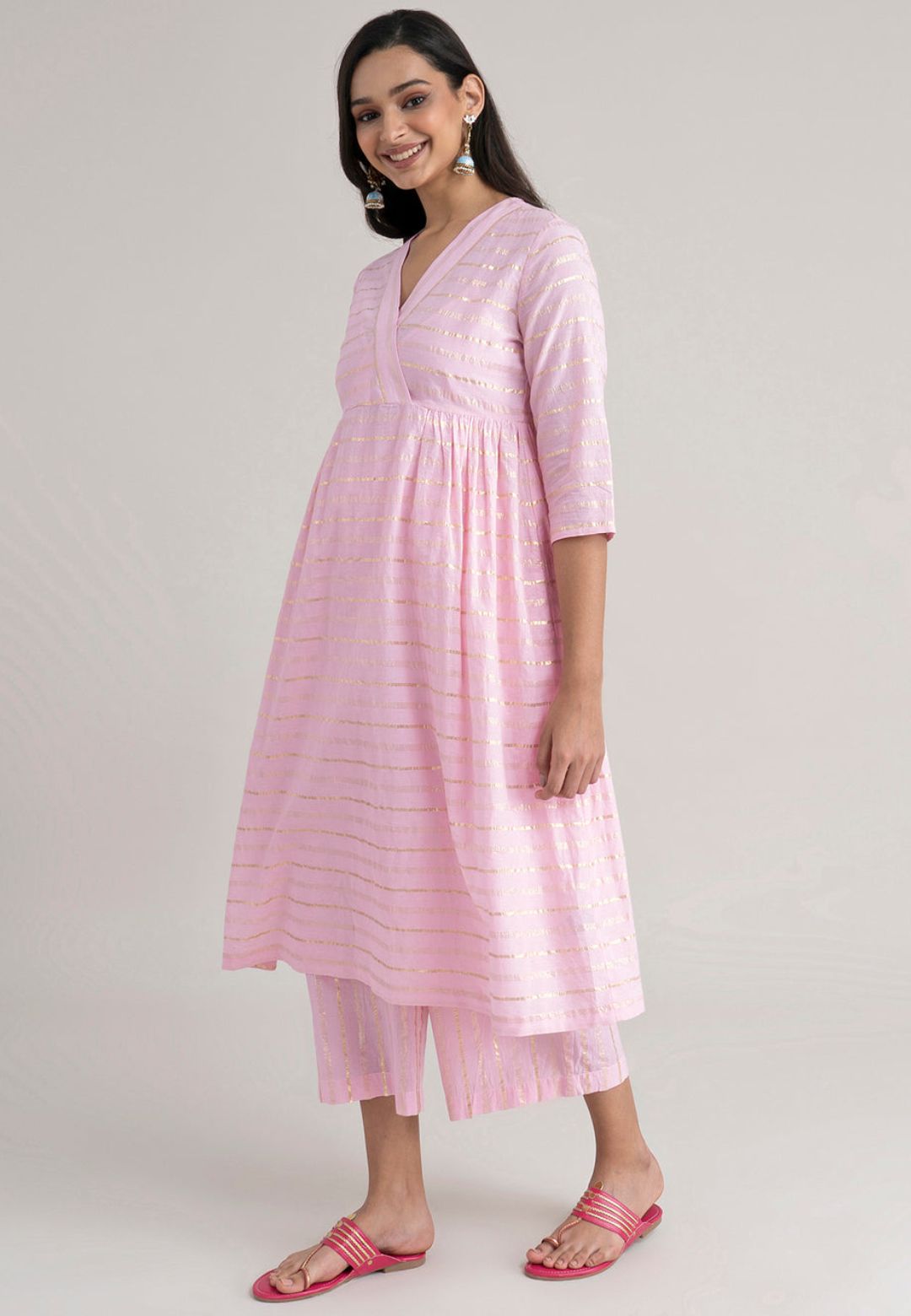 POWDER PINK GOLD STRIPE COTTON LUREX KURTA SET