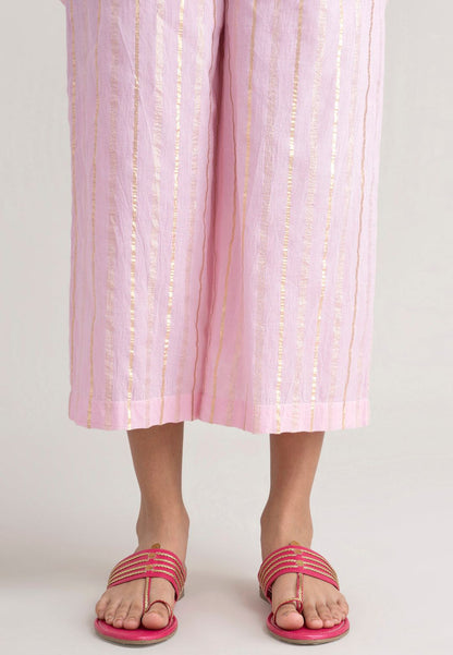 POWDER PINK GOLD STRIPE COTTON LUREX KURTA SET