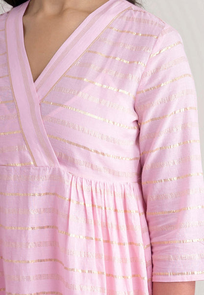 POWDER PINK GOLD STRIPE COTTON LUREX KURTA SET