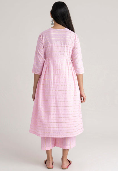 POWDER PINK GOLD STRIPE COTTON LUREX KURTA SET