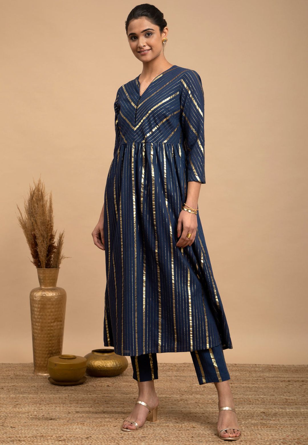 BLUE GOLD STRIPE COTTON LUREX KURTA SET