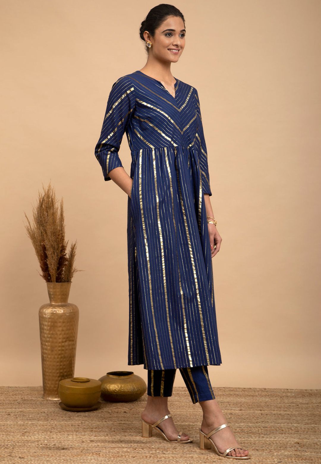 BLUE GOLD STRIPE COTTON LUREX KURTA SET