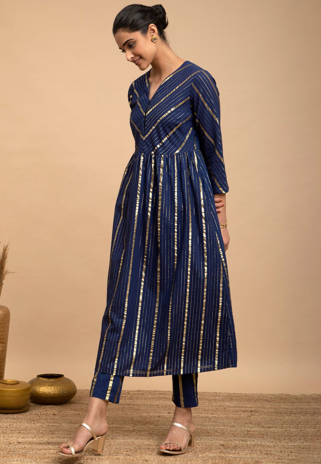 BLUE GOLD STRIPE COTTON LUREX KURTA SET