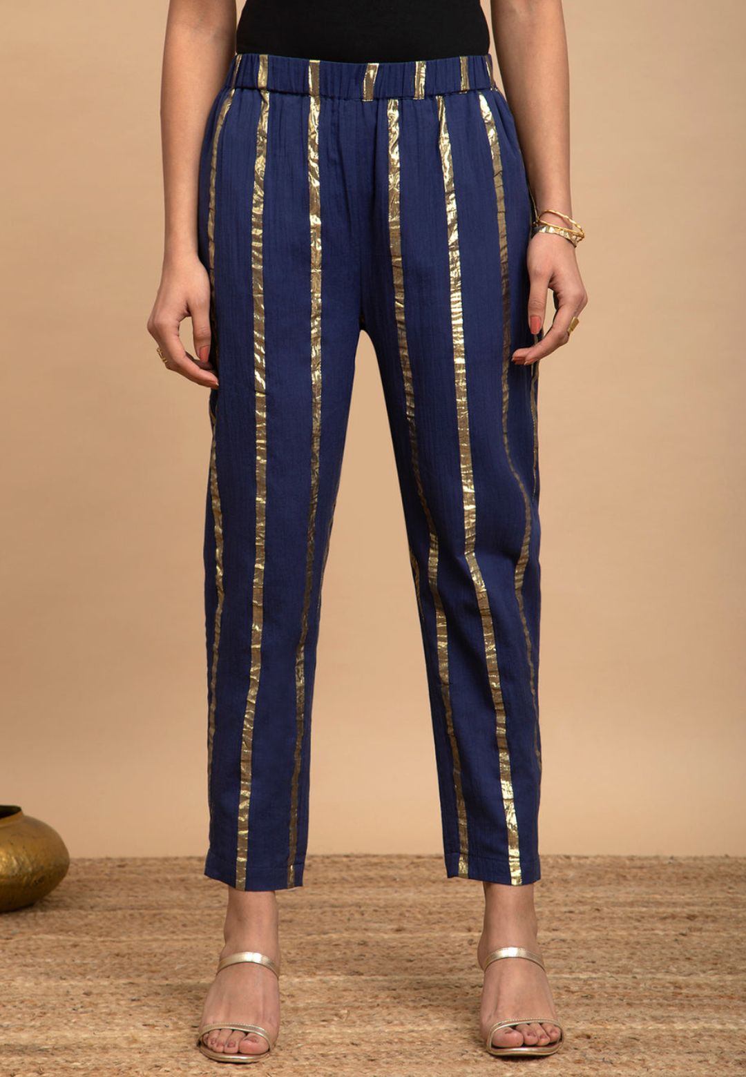 BLUE GOLD STRIPE COTTON LUREX KURTA SET