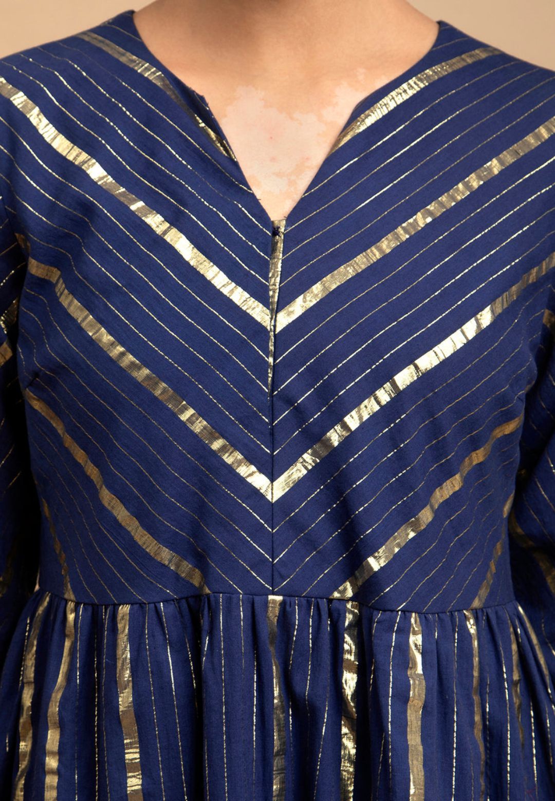 BLUE GOLD STRIPE COTTON LUREX KURTA SET