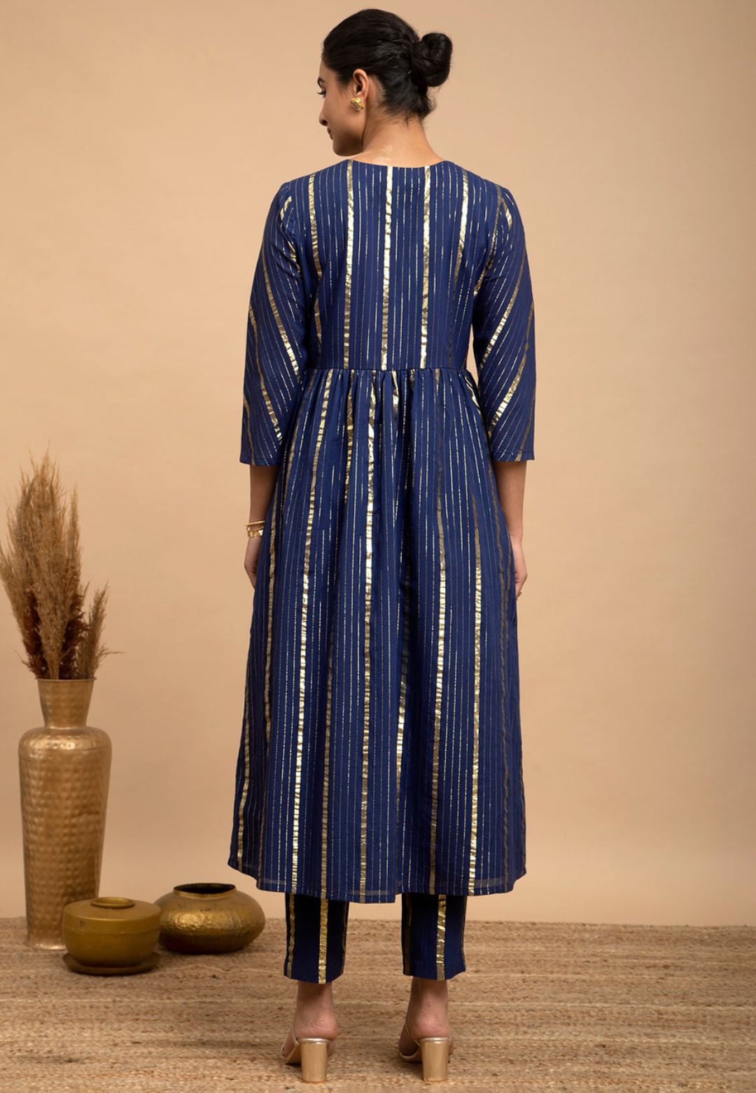 BLUE GOLD STRIPE COTTON LUREX KURTA SET