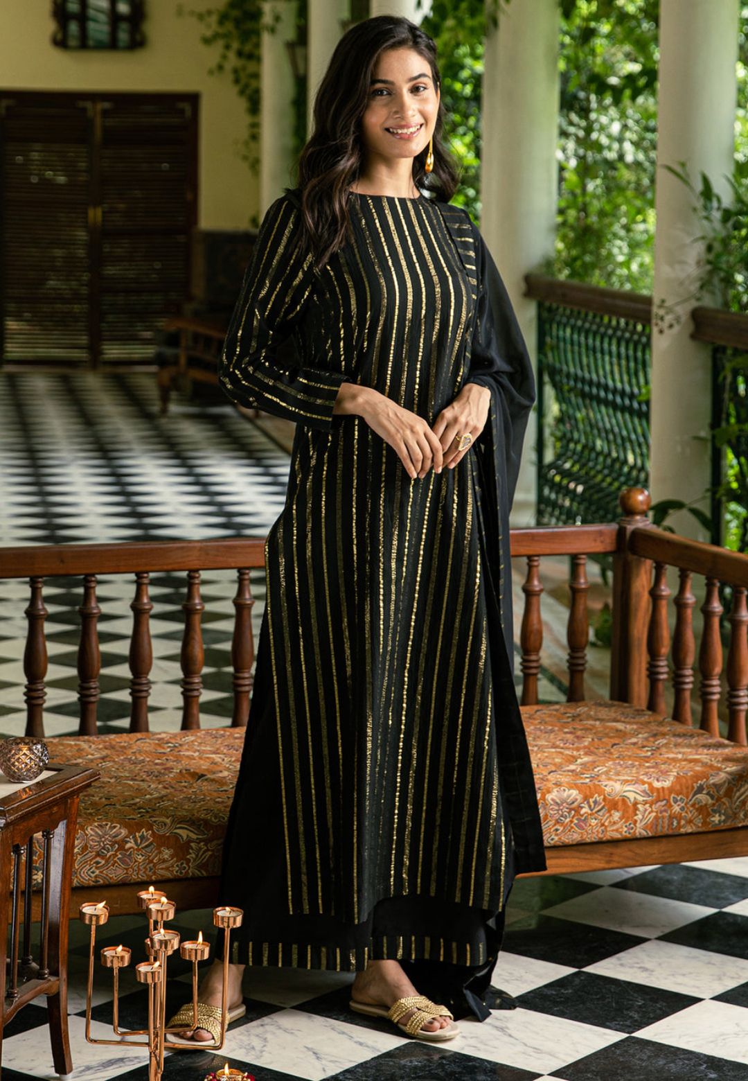 BLACK GOLD STRIPE COTTON LUREX SUIT SET