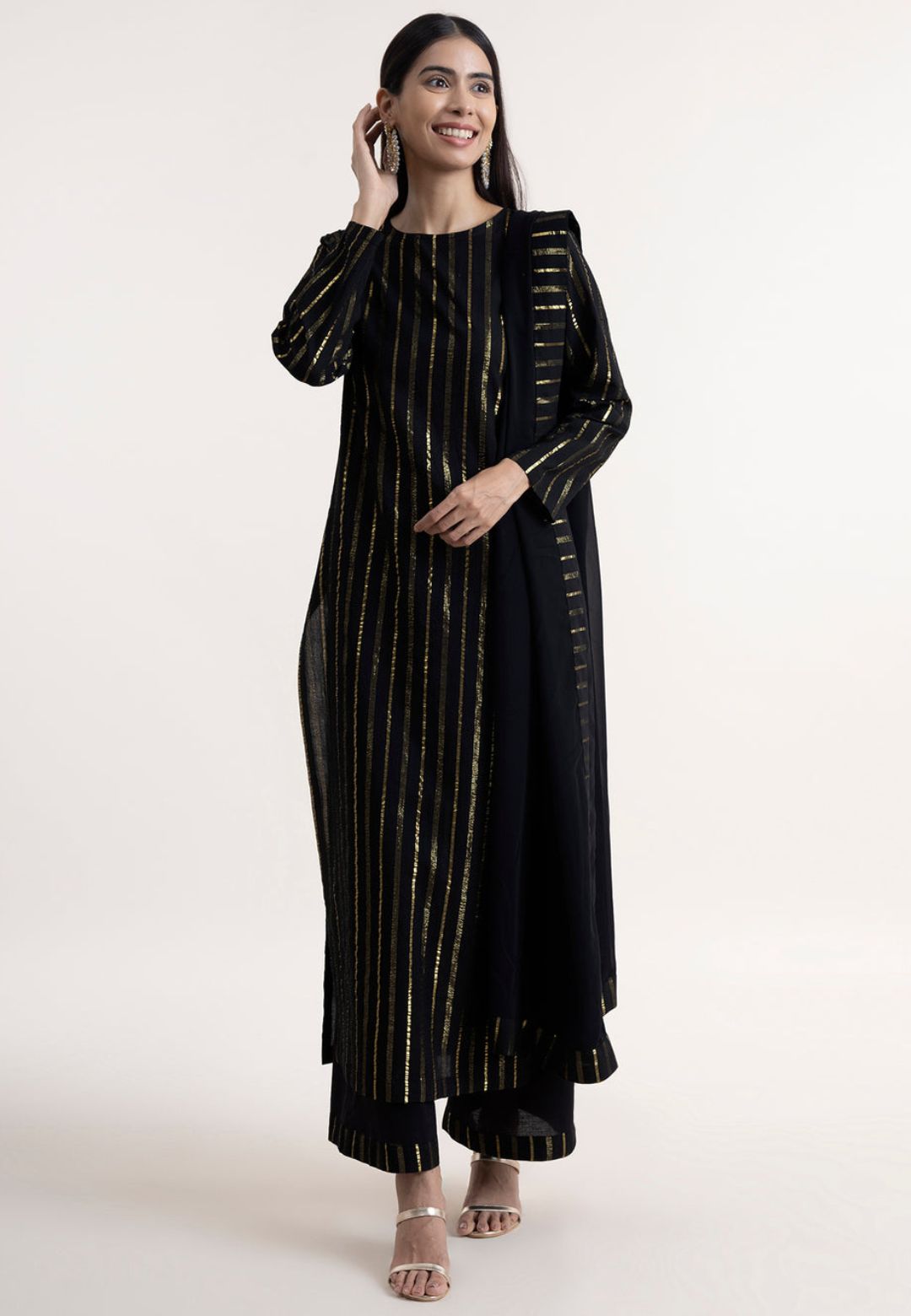 BLACK GOLD STRIPE COTTON LUREX SUIT SET
