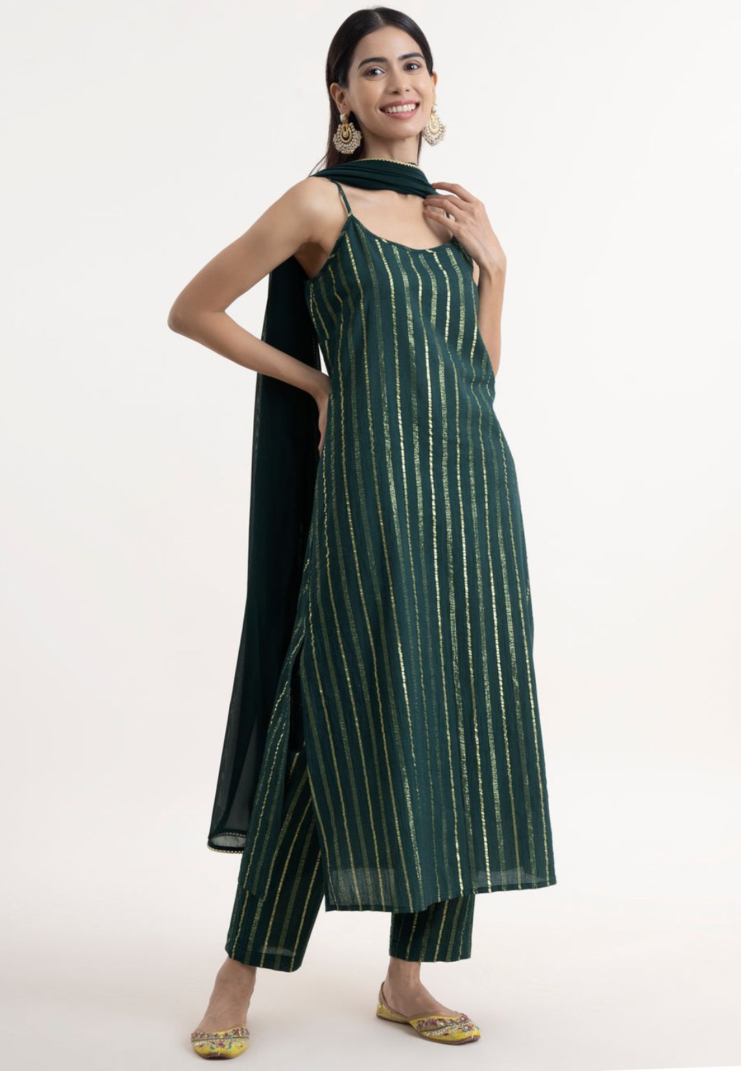 GREEN GOLD STRIPE COTTON LUREX SUIT SET