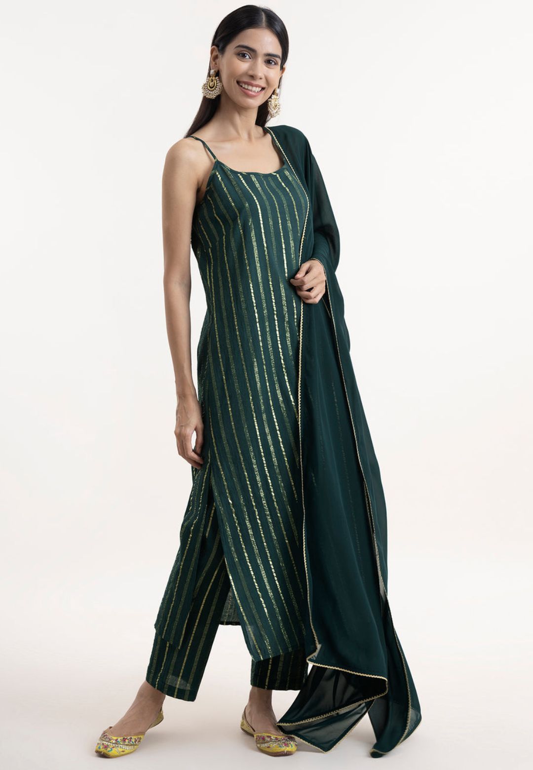 GREEN GOLD STRIPE COTTON LUREX SUIT SET